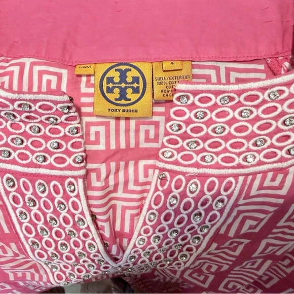 Tory Burch Tunic Top Fuchsia Pink & White With Silver Rhinestones Size 4 Cotton - Picture 3 of 4